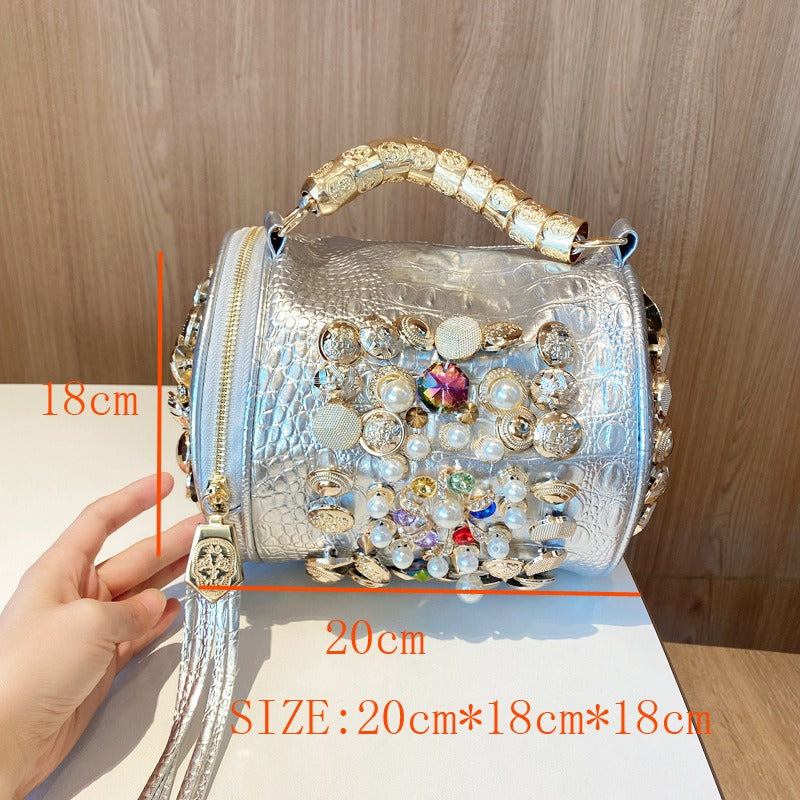 Bag Cylinder Bag Handmade Rhinestone Bag Classic Versatile Shoulder Crossbody Bag Pillow Bag