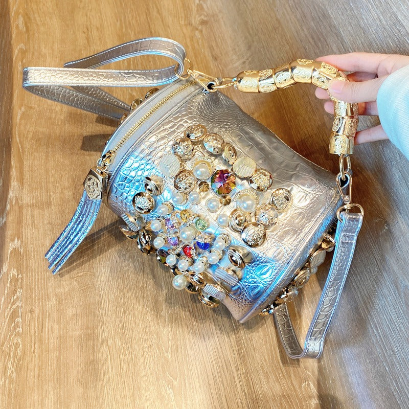 Bag Cylinder Bag Handmade Rhinestone Bag Classic Versatile Shoulder Crossbody Bag Pillow Bag