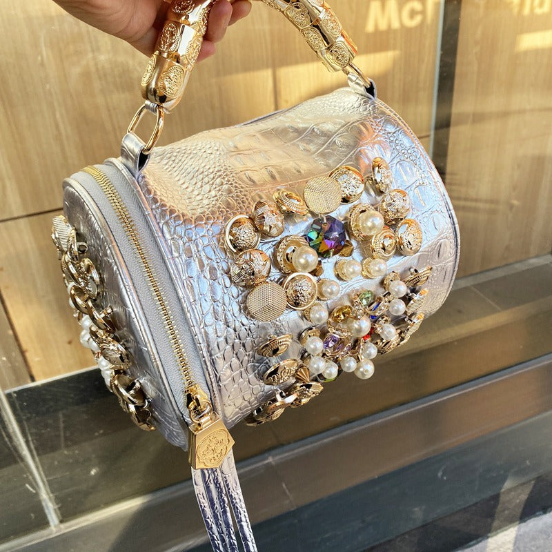 Bag Cylinder Bag Handmade Rhinestone Bag Classic Versatile Shoulder Crossbody Bag Pillow Bag