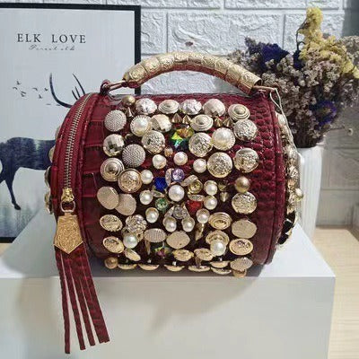 Bag Cylinder Bag Handmade Rhinestone Bag Classic Versatile Shoulder Crossbody Bag Pillow Bag