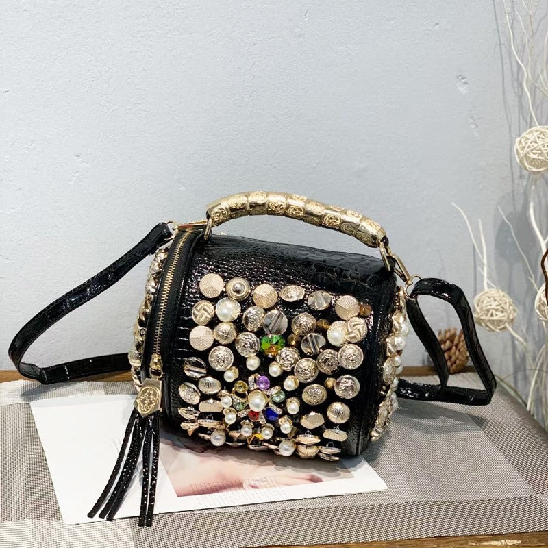 Bag Cylinder Bag Handmade Rhinestone Bag Classic Versatile Shoulder Crossbody Bag Pillow Bag