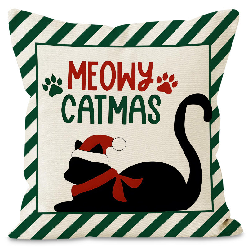 Christmas striped pillow cover linen black cat print pillowcase home holiday decoration cushion cover