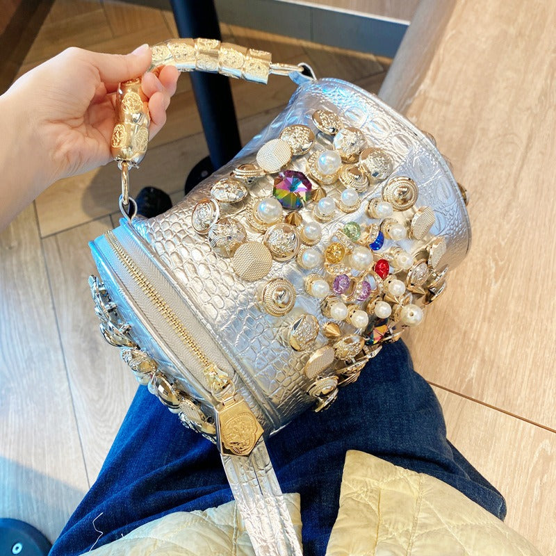 Bag Cylinder Bag Handmade Rhinestone Bag Classic Versatile Shoulder Crossbody Bag Pillow Bag